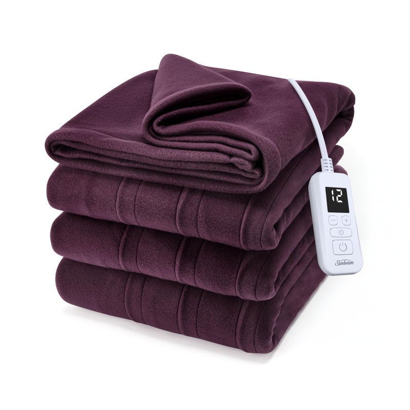 Sunbeam Royal Ultra Fleece Heated Electric Blanket Twin Size, 84" x 62", 12 Heat Settings, 12-Hour Selectable Auto Shut-Off, Fast Heating, Machine Washable, Warm and Cozy, Claret - Image 1