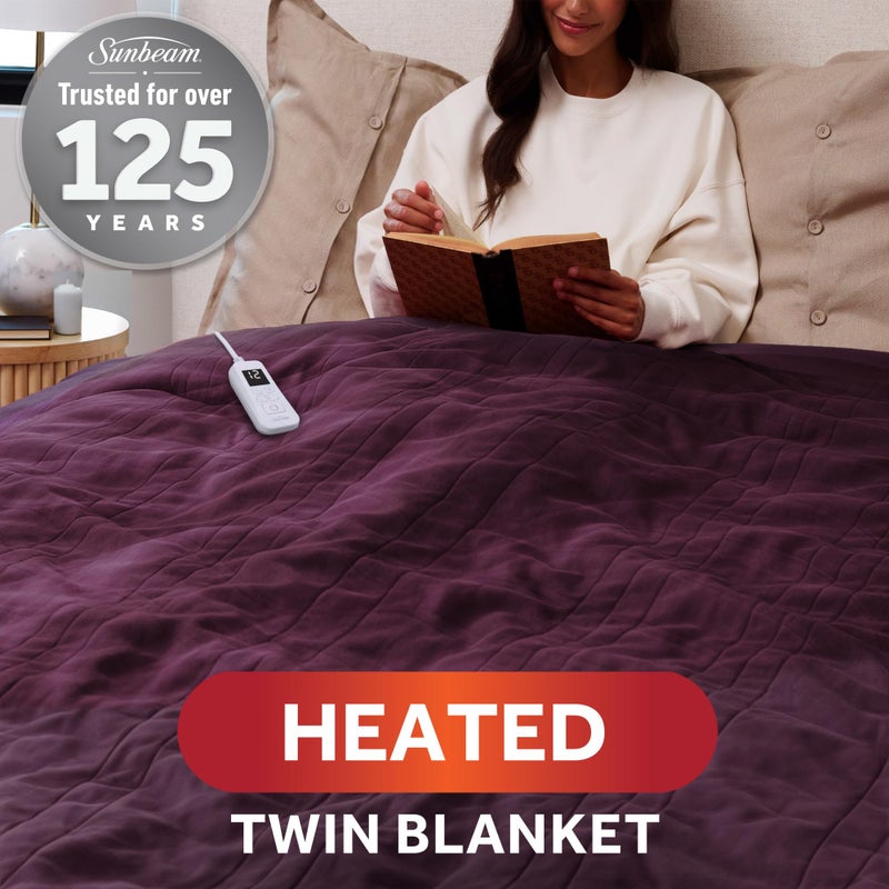 Sunbeam Royal Ultra Fleece Heated Electric Blanket Twin Size, 84" x 62", 12 Heat Settings, 12-Hour Selectable Auto Shut-Off, Fast Heating, Machine Washable, Warm and Cozy, Claret - Image 2