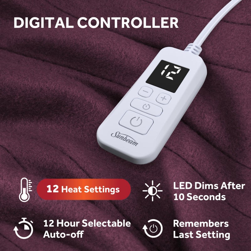 Sunbeam Royal Ultra Fleece Heated Electric Blanket Twin Size, 84" x 62", 12 Heat Settings, 12-Hour Selectable Auto Shut-Off, Fast Heating, Machine Washable, Warm and Cozy, Claret - Image 3