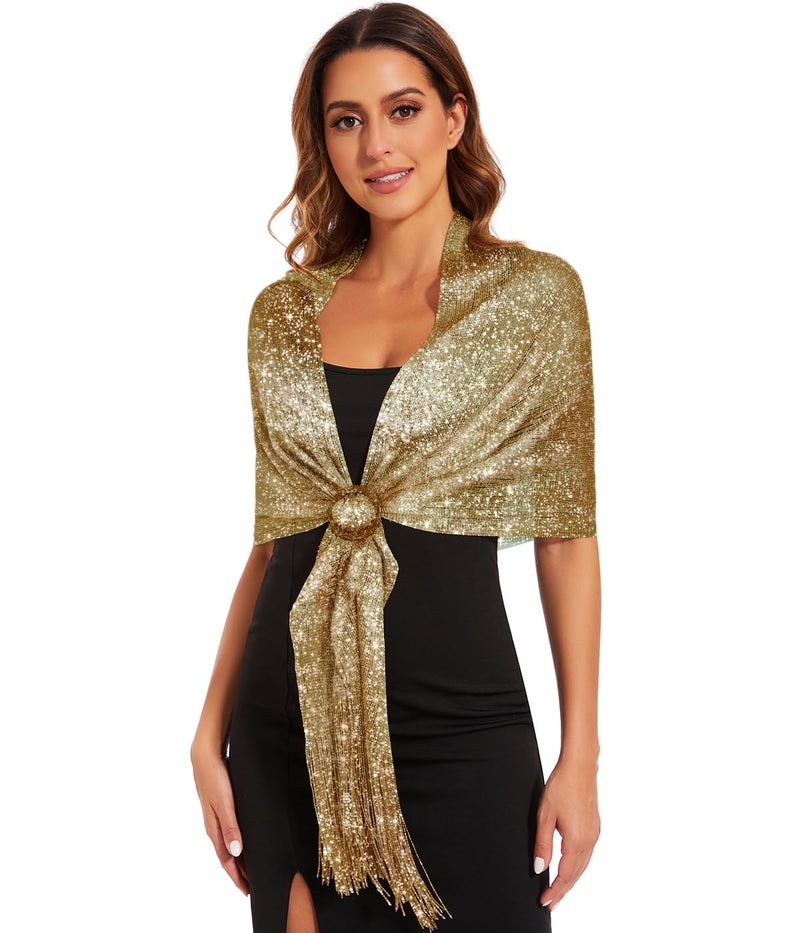KUNINDOME Sparkling Metallic Shawls and Wraps with Buckle,for Evening Party Wedding Bride Bridesmaid, Gold - Image 1