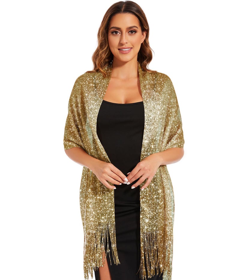 KUNINDOME Sparkling Metallic Shawls and Wraps with Buckle,for Evening Party Wedding Bride Bridesmaid, Gold - Image 2