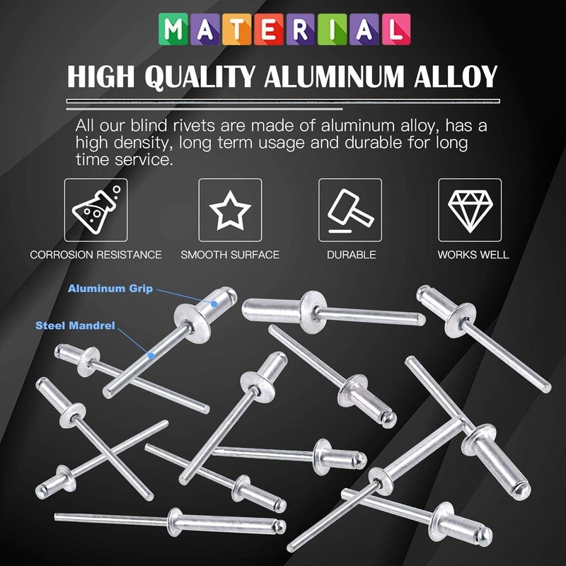 GENERASIS طقم مسامير ألومنيوم عمياء بحجمين 200 قطعة، كل حجم 100 قطعة | مسامير معدنية POP لآلة/مسدس التثبيت، دبوس التثبيت (200 قطعة 3.2 × 12 و 3.2 × 20-حجمين) - Image 3