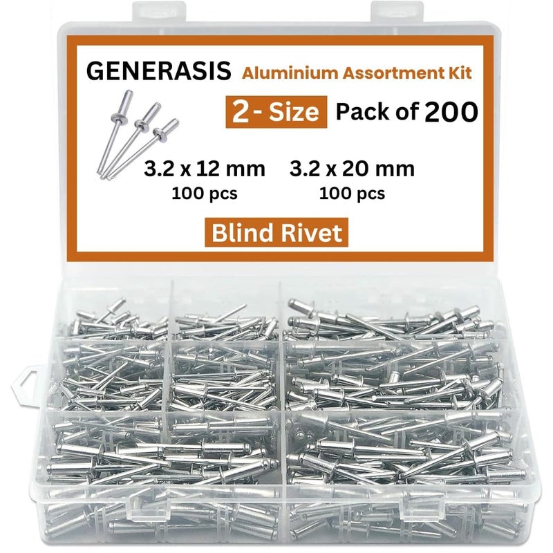 GENERASIS طقم مسامير ألومنيوم عمياء بحجمين 200 قطعة، كل حجم 100 قطعة | مسامير معدنية POP لآلة/مسدس التثبيت، دبوس التثبيت (200 قطعة 3.2 × 12 و 3.2 × 20-حجمين) - Image 1