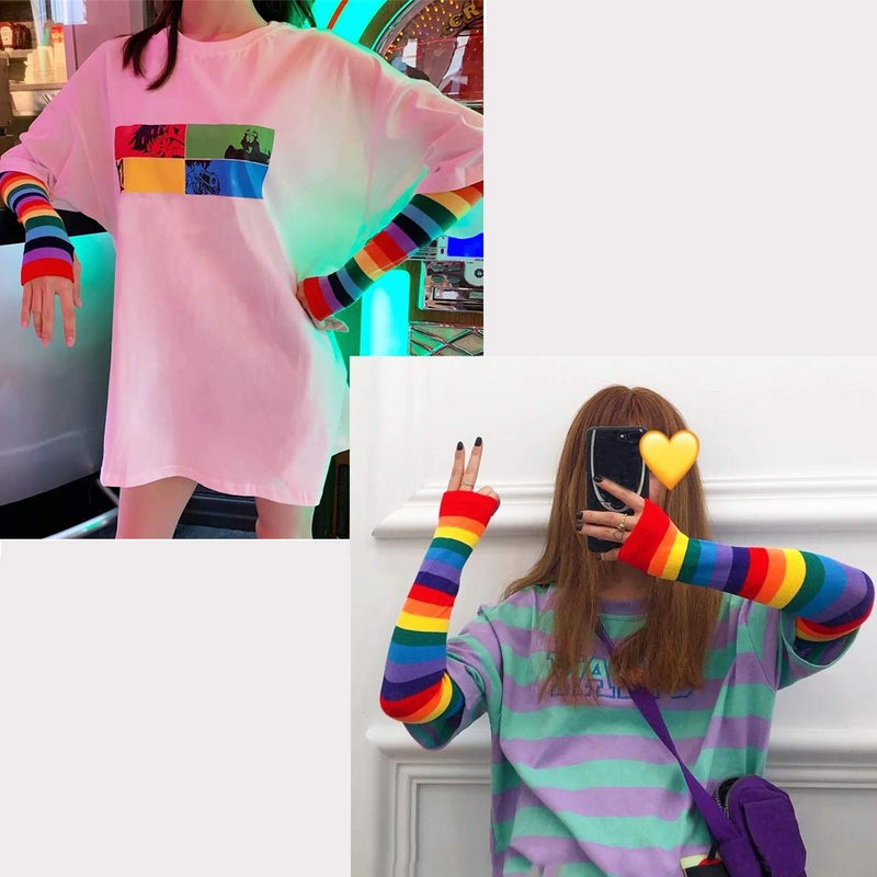 Bienvenu Punk Gothic Rock Long Arm Warmer Fingerless Gloves, Rainbow Color - Image 2