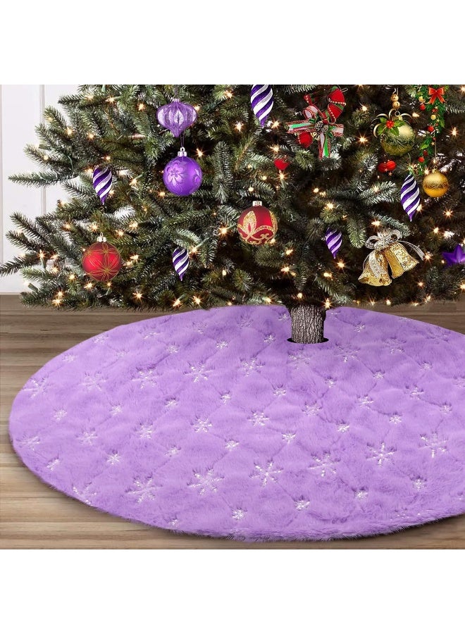 yuboo yuboo Purple Faux Fur Christmas Tree Skirt with Silver Snowflakes, 48 Inches Lavender Xmas Tree Mat for Purple Christmas Decorations & Ornaments  - Image 1