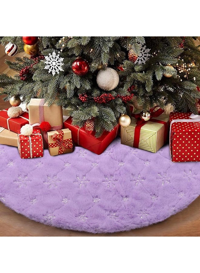 yuboo yuboo Purple Faux Fur Christmas Tree Skirt with Silver Snowflakes, 48 Inches Lavender Xmas Tree Mat for Purple Christmas Decorations & Ornaments  - Image 2