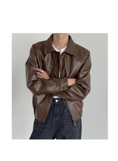 Korean Retro Leather Jacket Casual Mens Autumn Coat Brown