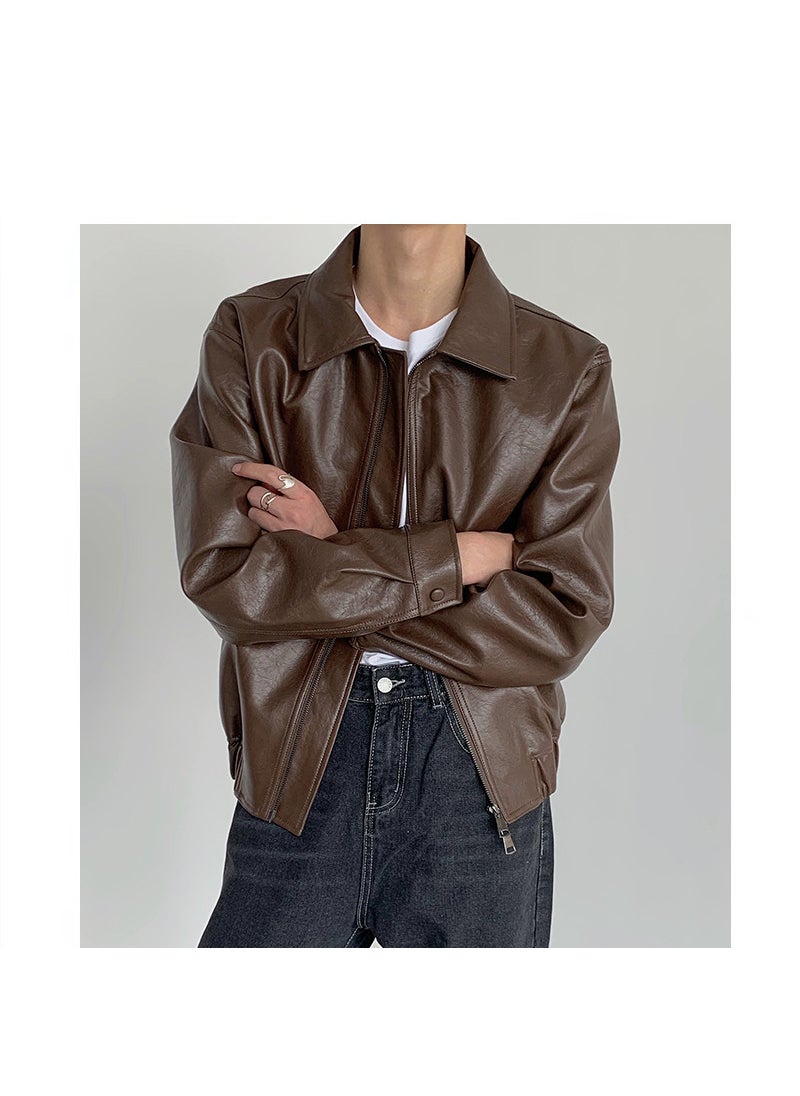 Generic - Korean Retro Leather Jacket Casual Mens Autumn Coat Brown - Image 1