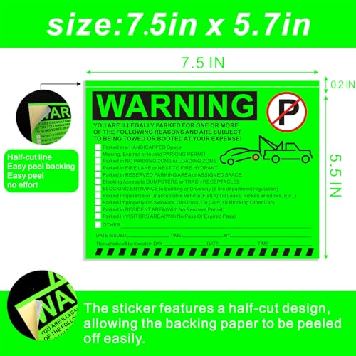 KIUKIUO Illegal Parking Warning Stickers - Vibrant Green Parking Violation Notices - Stick-it-and-Forget-it Adhesive - 50 pcs Private Parking Violation Decals for Car Windows - Size 5.5X7.5 inch. - Image 3