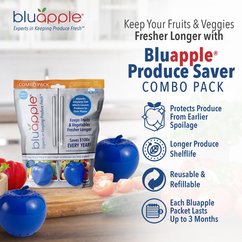 Bluapple Ethylene Gas Absorber Produce Saver Combo Pack - Keeps Fruits & Veggies Fresh in Refrigerator, Lasts up to 3 Months, 8 Packets and 2 Bluapples for 1 Year, Produce Storage, BPA Free, USA Made - Image 2