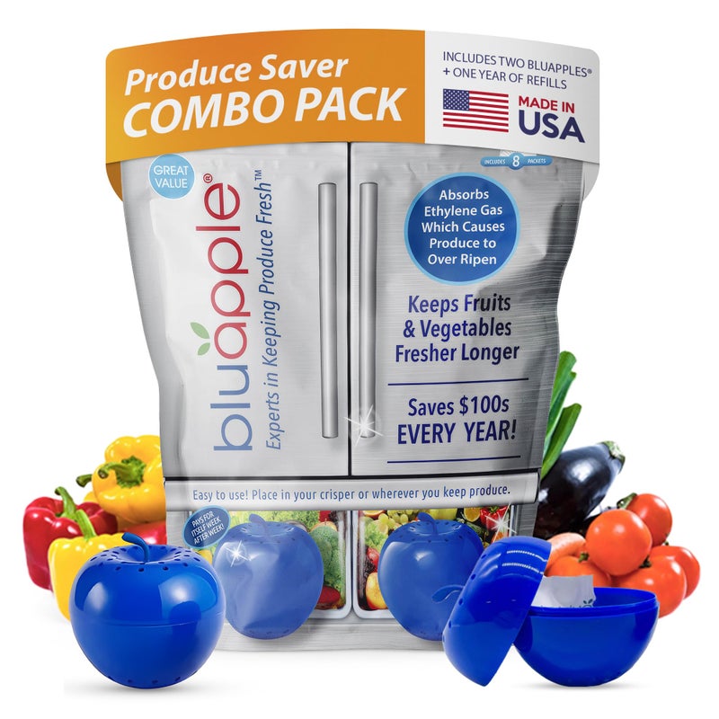 Bluapple Ethylene Gas Absorber Produce Saver Combo Pack - Keeps Fruits & Veggies Fresh in Refrigerator, Lasts up to 3 Months, 8 Packets and 2 Bluapples for 1 Year, Produce Storage, BPA Free, USA Made - Image 1