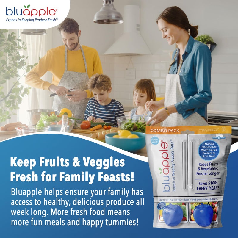 Bluapple Ethylene Gas Absorber Produce Saver Combo Pack - Keeps Fruits & Veggies Fresh in Refrigerator, Lasts up to 3 Months, 8 Packets and 2 Bluapples for 1 Year, Produce Storage, BPA Free, USA Made - Image 5