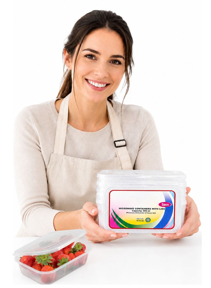 Disposable Lunch Box with Lid, 5 Pack 500ml Plastic Food Storage Containers, BPA Free Meal Prep Takeaway Containers, Microwave & Freezer Safe, Clear - Image 1