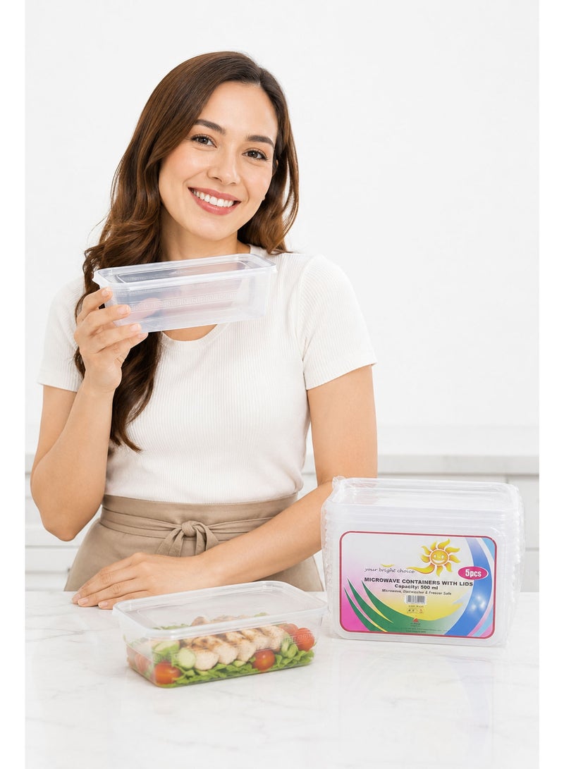 Disposable Lunch Box with Lid, 5 Pack 500ml Plastic Food Storage Containers, BPA Free Meal Prep Takeaway Containers, Microwave & Freezer Safe, Clear - Image 4