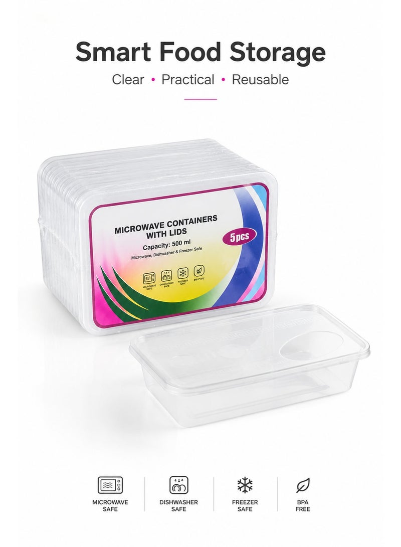 Disposable Lunch Box with Lid, 5 Pack 500ml Plastic Food Storage Containers, BPA Free Meal Prep Takeaway Containers, Microwave & Freezer Safe, Clear - Image 5