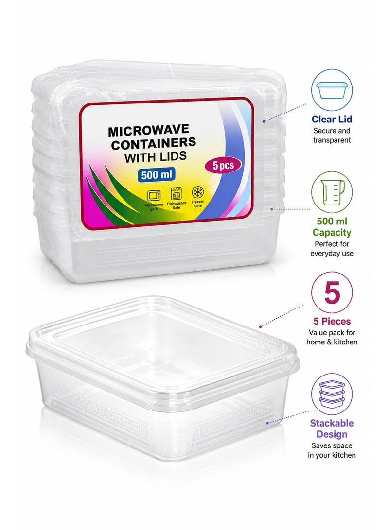 Disposable Lunch Box with Lid, 5 Pack 500ml Plastic Food Storage Containers, BPA Free Meal Prep Takeaway Containers, Microwave & Freezer Safe, Clear - Image 2