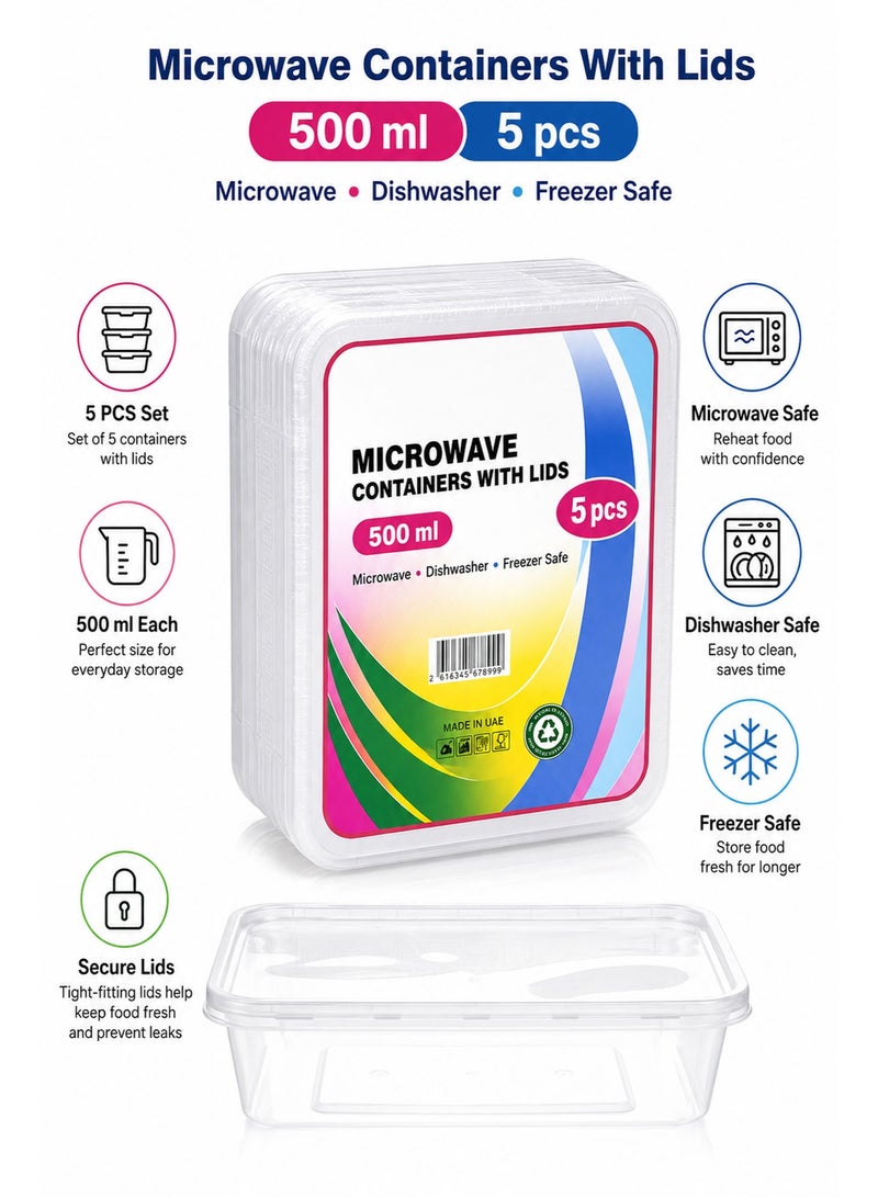 Disposable Lunch Box with Lid, 5 Pack 500ml Plastic Food Storage Containers, BPA Free Meal Prep Takeaway Containers, Microwave & Freezer Safe, Clear - Image 3