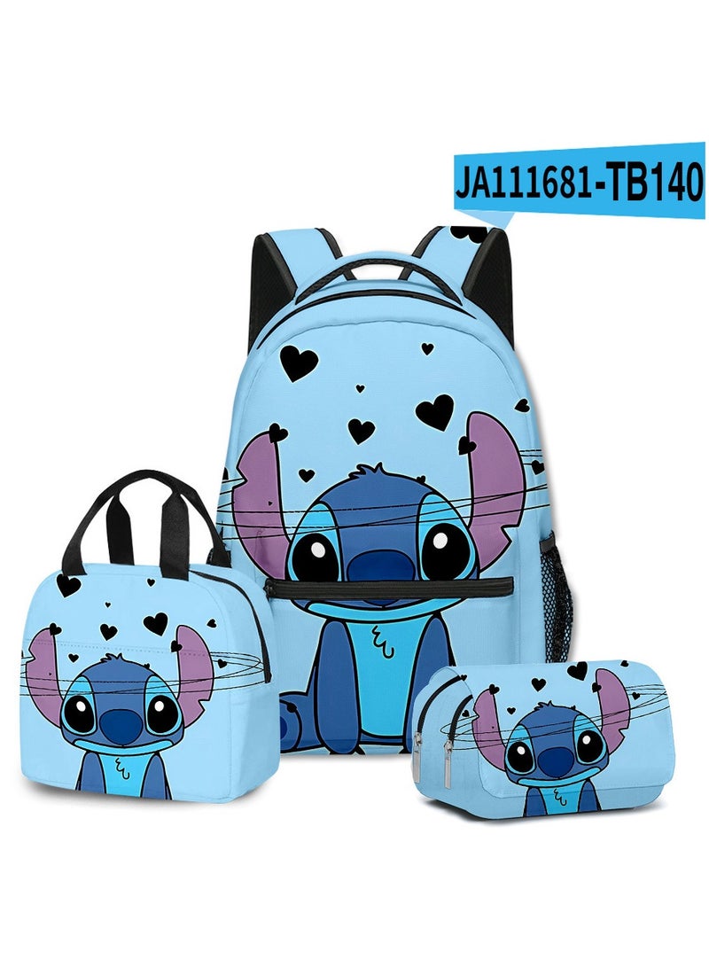 SKT Shiketro Stitch Student School Bag Children's Lunch Bag Pencil Case Three-Piece Set 30*40*17cm 