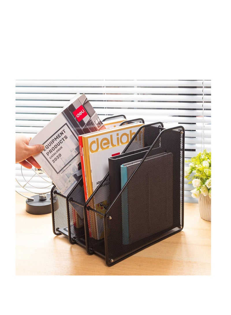 Terabyte Mesh Magazine File Holder, Desk Organizer File Folder Document Rack for Office Organization and Storage, 3 Vertical Compartments, Black - Image 1