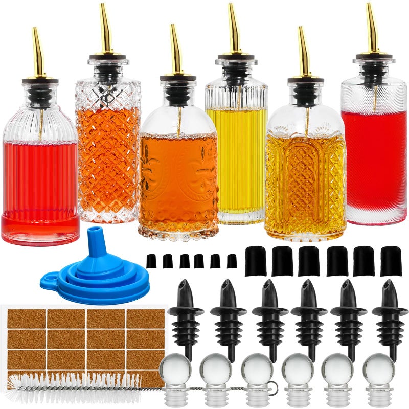 Coffee Syrup Dispenser Simple Small Glass Bottle 6 Pcs for Coffee Bar Accessories with Dust Lids Pour Spout Stopper Cleaning Brush Vanilla Caramel Syrup Honey Olive OilCondiments Dispenser