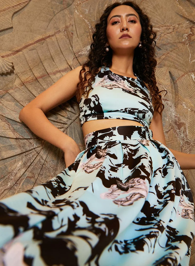 PINACOLADA  Women's Mint Green & Midnight Black Abstract Floral Co-Ord Set For Casual Wear | Halter Neck | Sleeveless | Zipper Closure | Co-Ords Designed With Comfort Fit For Woman & Girls for Women | Best Price UAE