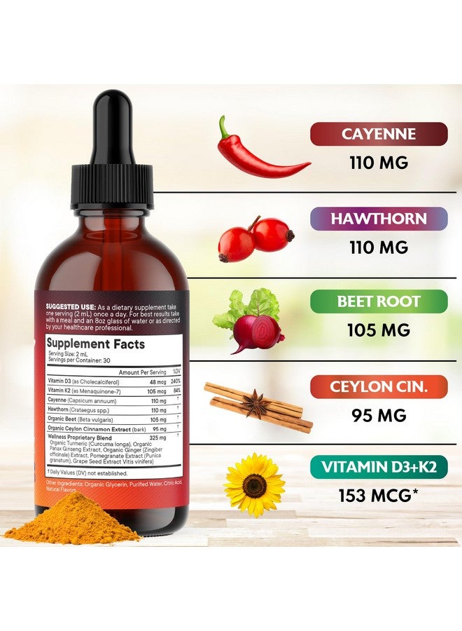 New Age Cayenne Pepper Supplement Liquid Drops + Hawthorn Berry, Vitamin D3 K2 Beet Root Powder, Ceylon Cinnamon, Turmeric Curcumin, Organic Panax Ginseng - 4oz - Image 3