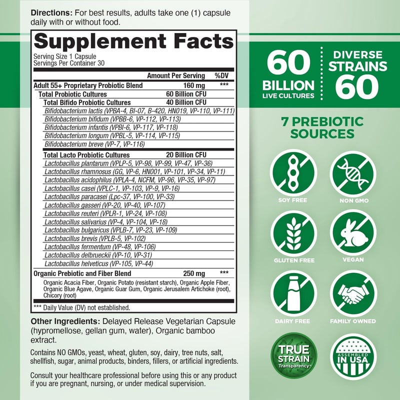 Vital Planet  Vital Flora Adults Over 50 Daily Probiotic 60 Billion CFU 60 Diverse Strains 7 Organic Prebiotics Immune Support Gas Digestive Health Probiotics for Women and Men 30 Capsules - Image 2