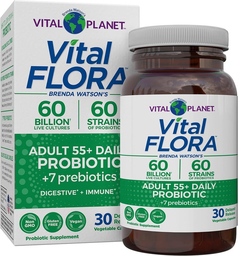 Vital Planet  Vital Flora Adults Over 50 Daily Probiotic 60 Billion CFU 60 Diverse Strains 7 Organic Prebiotics Immune Support Gas Digestive Health Probiotics for Women and Men 30 Capsules - Image 1