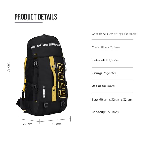 Gear Navigator 55L Extra Large Water Resistant Rucksack/Travel bag/For Men & Women(Black - Yellow) - Image 3