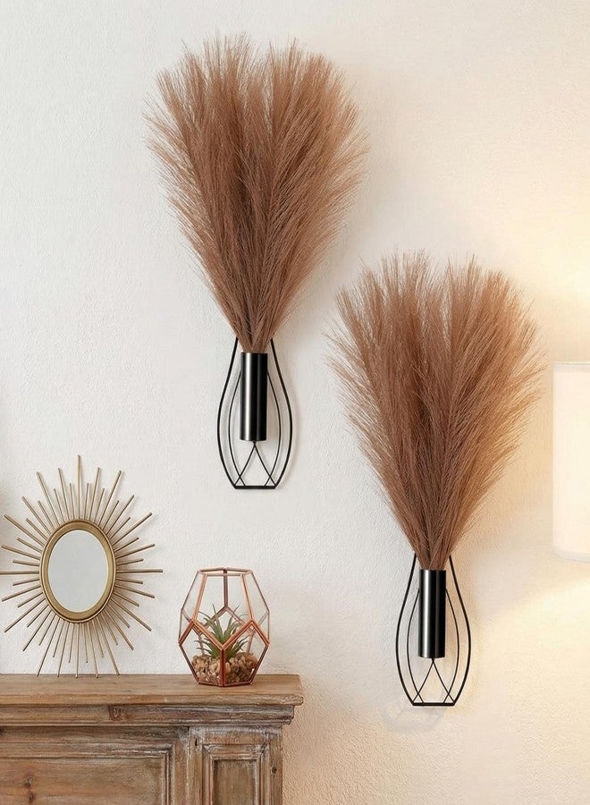 Otoolling 2 Pieces Hanging Plant Wall Decor with Artificial Pampas Grass Metal Hanging Vase Modern Geometric Farmhouse Bohemian Wall Art for Living Room Bedroom Kitchen Office (Black, Light Brown) - Image 1