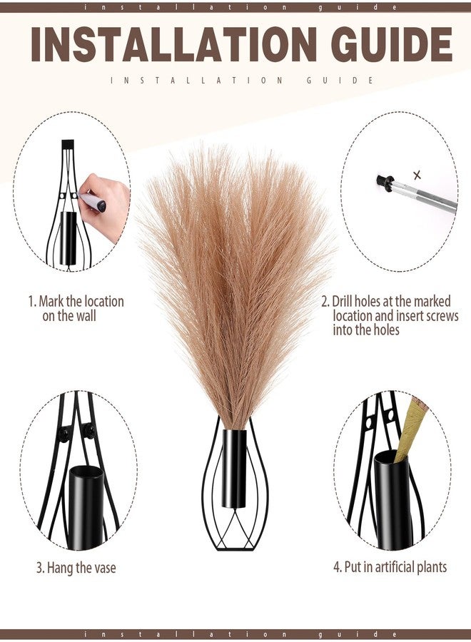 Otoolling 2 Pieces Hanging Plant Wall Decor with Artificial Pampas Grass Metal Hanging Vase Modern Geometric Farmhouse Bohemian Wall Art for Living Room Bedroom Kitchen Office (Black, Light Brown) - Image 3