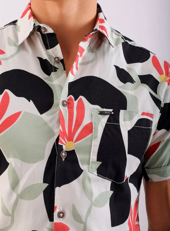 The Indian Garage Co Men Slim Fit Floral Printed Half Sleeves Spread Collar Resort Wear Shirt