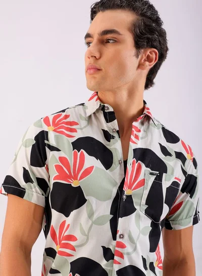 The Indian Garage Co Men Slim Fit Floral Printed Half Sleeves Spread Collar Resort Wear Shirt