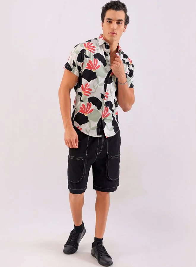 The Indian Garage Co Men Slim Fit Floral Printed Half Sleeves Spread Collar Resort Wear Shirt