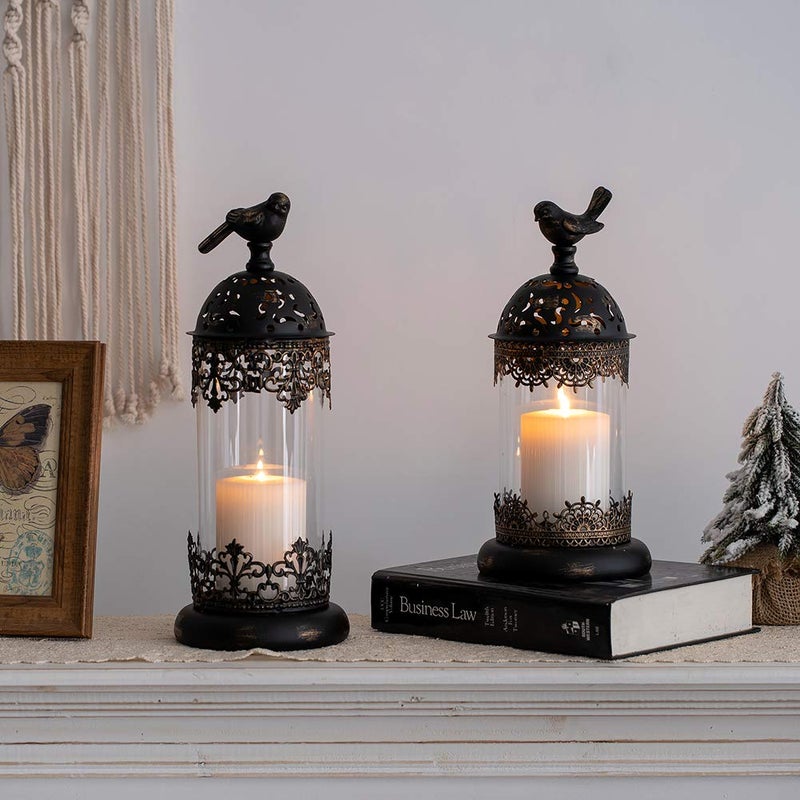 Nuptio Vintage Pillar Candle Holders Moroccan Wrought Iron Hurricane Candle Holder Ornate Centerpiece for Mantlepiece Decorations, Candlestick Holders for Table Living Room Balcony Garden, 2 Pcs - Image 2