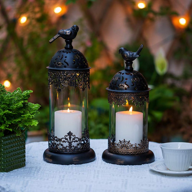 Nuptio Vintage Pillar Candle Holders Moroccan Wrought Iron Hurricane Candle Holder Ornate Centerpiece for Mantlepiece Decorations, Candlestick Holders for Table Living Room Balcony Garden, 2 Pcs - Image 3