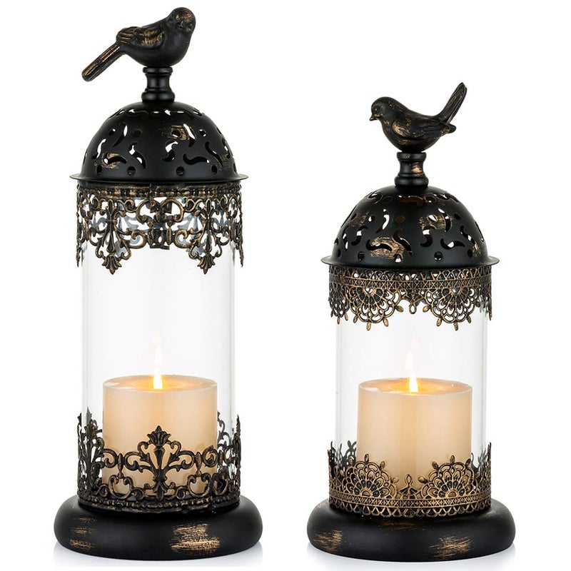 Nuptio Vintage Pillar Candle Holders Moroccan Wrought Iron Hurricane Candle Holder Ornate Centerpiece for Mantlepiece Decorations, Candlestick Holders for Table Living Room Balcony Garden, 2 Pcs - Image 1