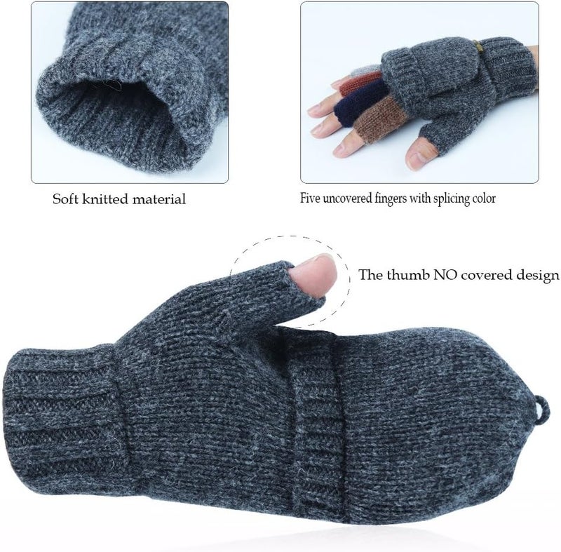 Akayboya Winter Warm Knitted Fingerless Gloves Convertible Wool Gloves with Mittens Cover for Women and Men - Image 2
