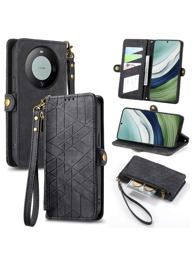 اس-توب جراب لهاتف Huawei Mate 60 بتصميم هندسي وسحاب ومشبك جانبي من الجلد - Image 1