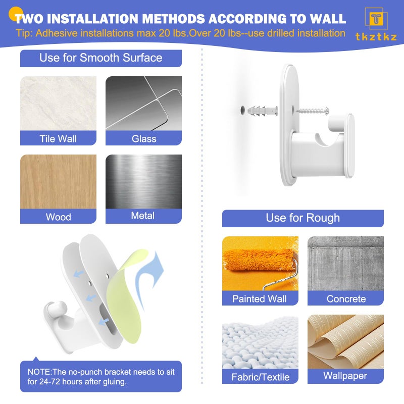 TKZTKZ Curtain Rods No Drilling for Windows 32 to 45 Inch:No Drill Small White Curtain Rod with Adhesive Brackets for Bedroom,5/8" Apartment Renter Friendly Adjustable Drapery Rods Easy Install - Image 3