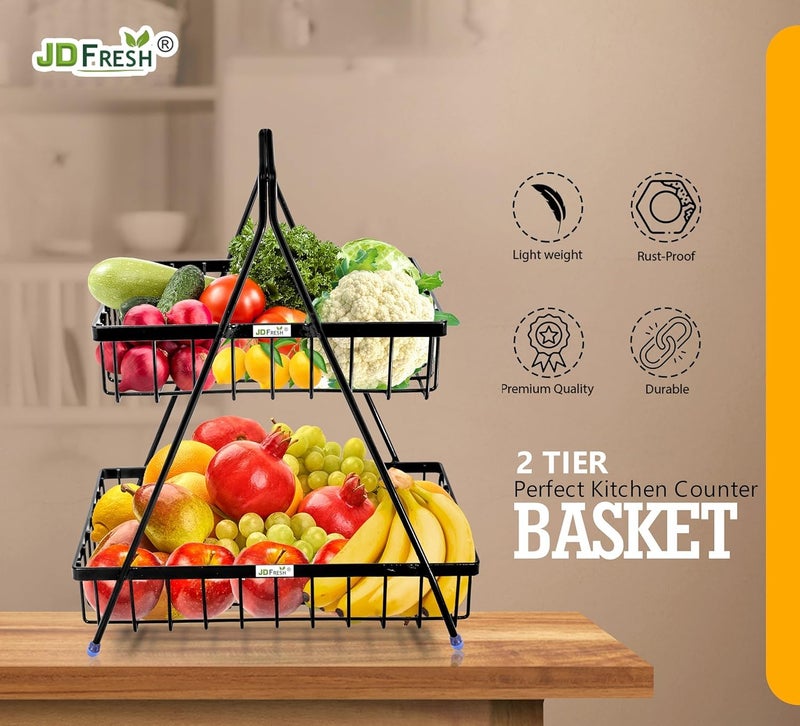 JD FRESH 2-Tier High Grade Metal Fruit & Vegetable Basket for Dining Tables/Potato Onion Storage Rack/Fruits Stand for Kitchen/Food Basket/Countertop Tiered Shelf/Fruit Storage Rack (Black) - Image 3