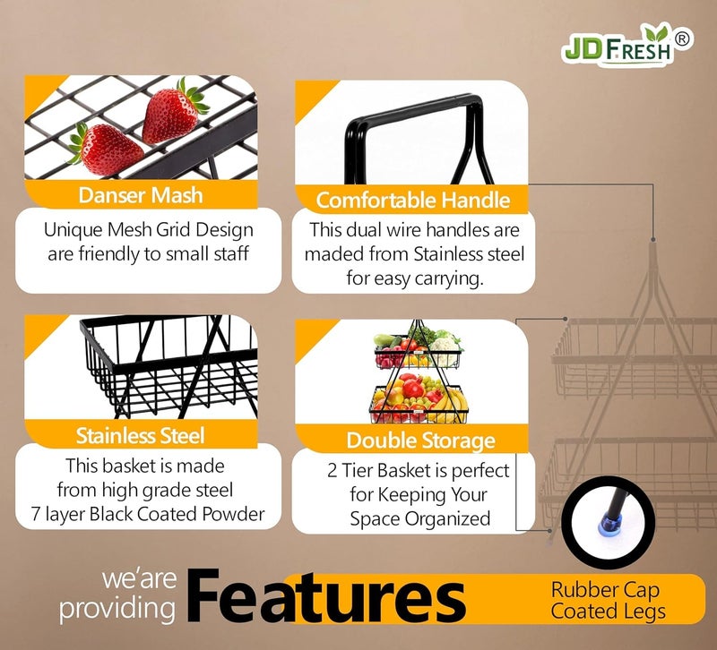 JD FRESH 2-Tier High Grade Metal Fruit & Vegetable Basket for Dining Tables/Potato Onion Storage Rack/Fruits Stand for Kitchen/Food Basket/Countertop Tiered Shelf/Fruit Storage Rack (Black) - Image 4