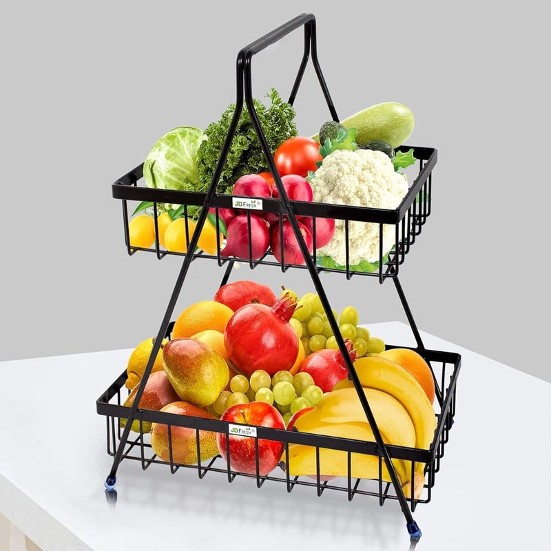 JD FRESH 2-Tier High Grade Metal Fruit & Vegetable Basket for Dining Tables/Potato Onion Storage Rack/Fruits Stand for Kitchen/Food Basket/Countertop Tiered Shelf/Fruit Storage Rack (Black) - Image 1