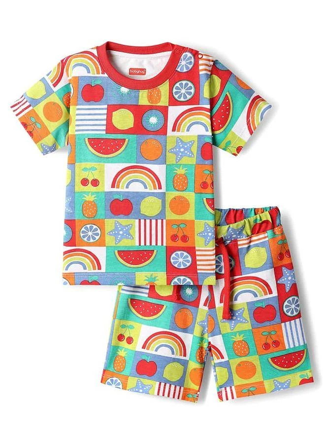 Babyhug Babyhug Single Jersey Knitted Co-ords T-Shirt & Short Set With Tropical Theme Print - Multicolour