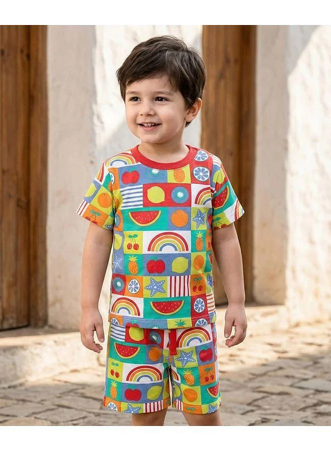 Babyhug Babyhug Single Jersey Knitted Co-ords T-Shirt & Short Set With Tropical Theme Print - Multicolour
