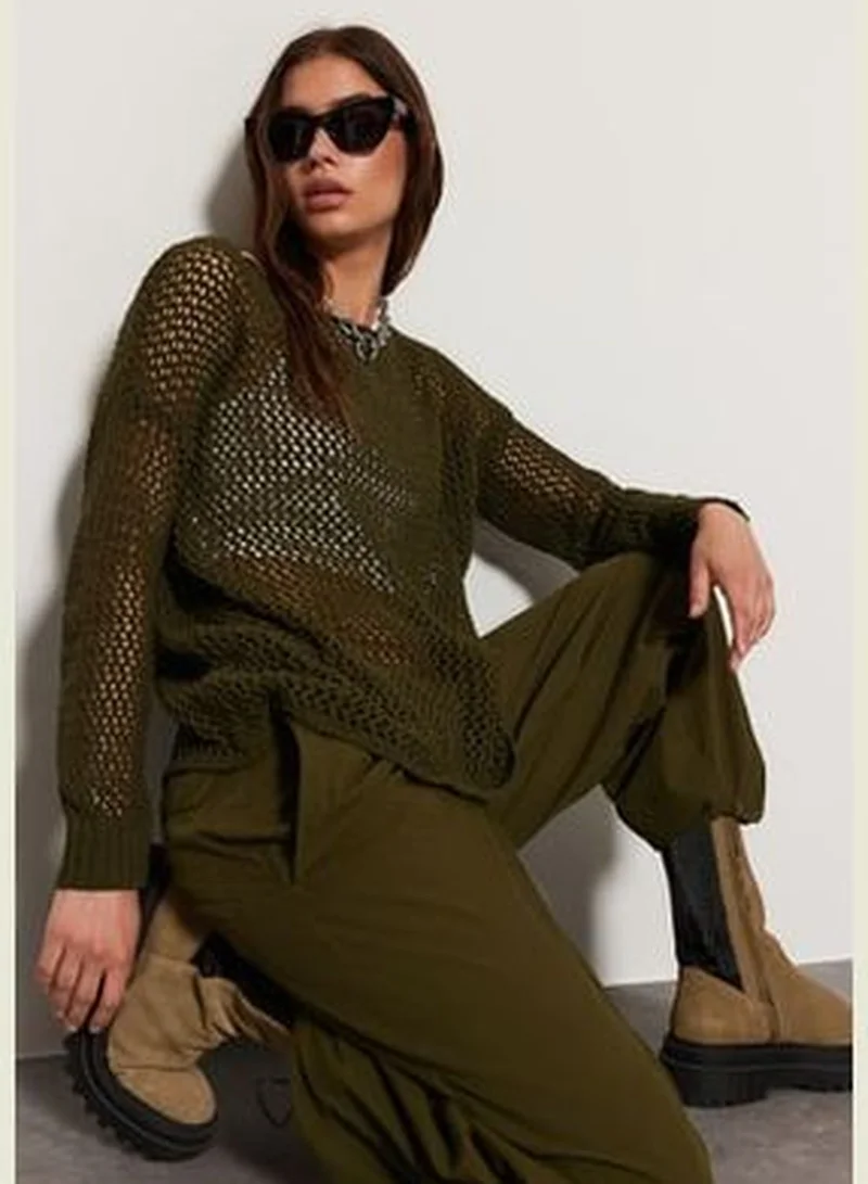 trendyol Khaki Super Wide Fit Cotton Openwork/Perforated Knitwear Sweater TWOAW20FV0184