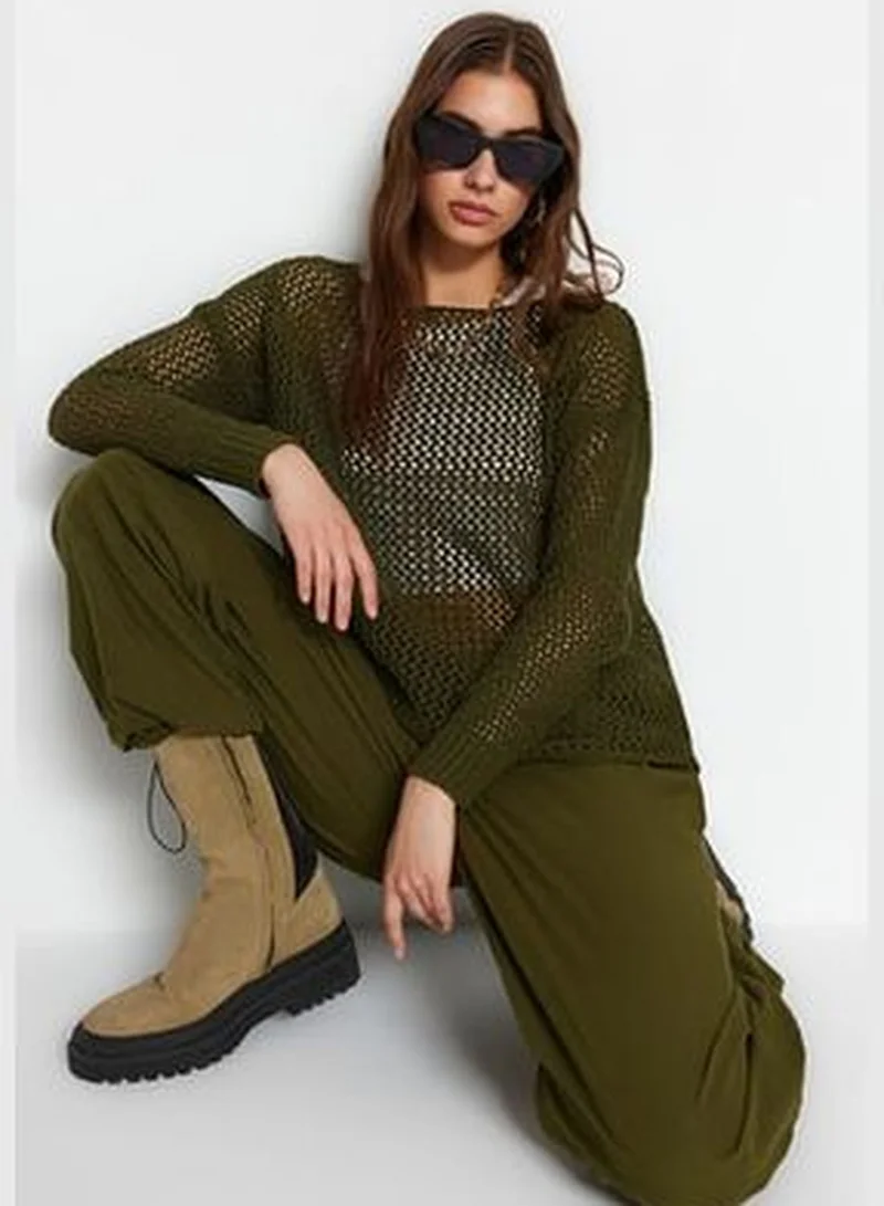 trendyol Khaki Super Wide Fit Cotton Openwork/Perforated Knitwear Sweater TWOAW20FV0184