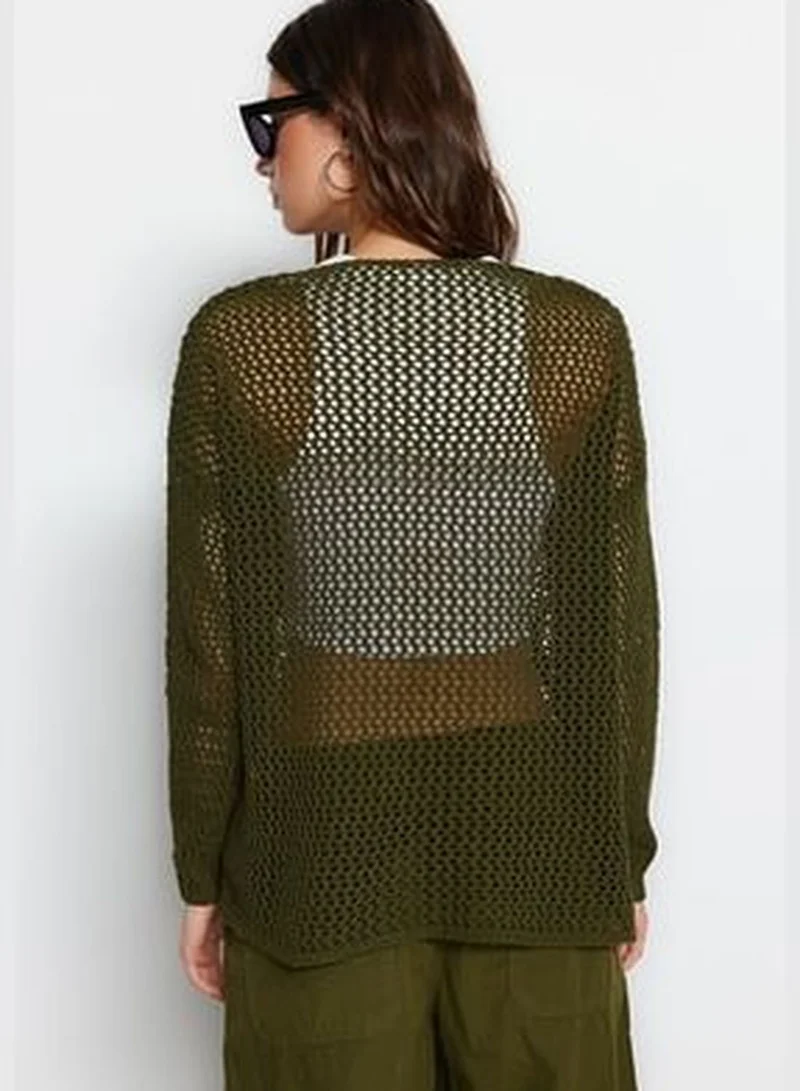 trendyol Khaki Super Wide Fit Cotton Openwork/Perforated Knitwear Sweater TWOAW20FV0184