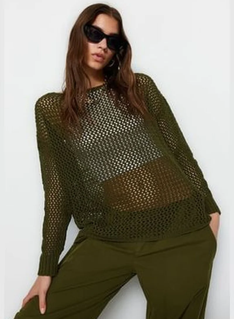 trendyol Khaki Super Wide Fit Cotton Openwork/Perforated Knitwear Sweater TWOAW20FV0184