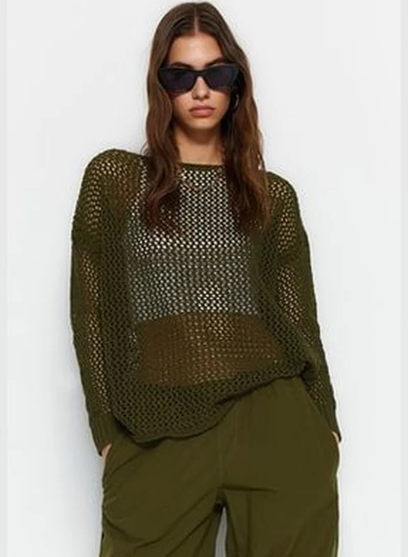 trendyol Khaki Super Wide Fit Cotton Openwork/Perforated Knitwear Sweater TWOAW20FV0184